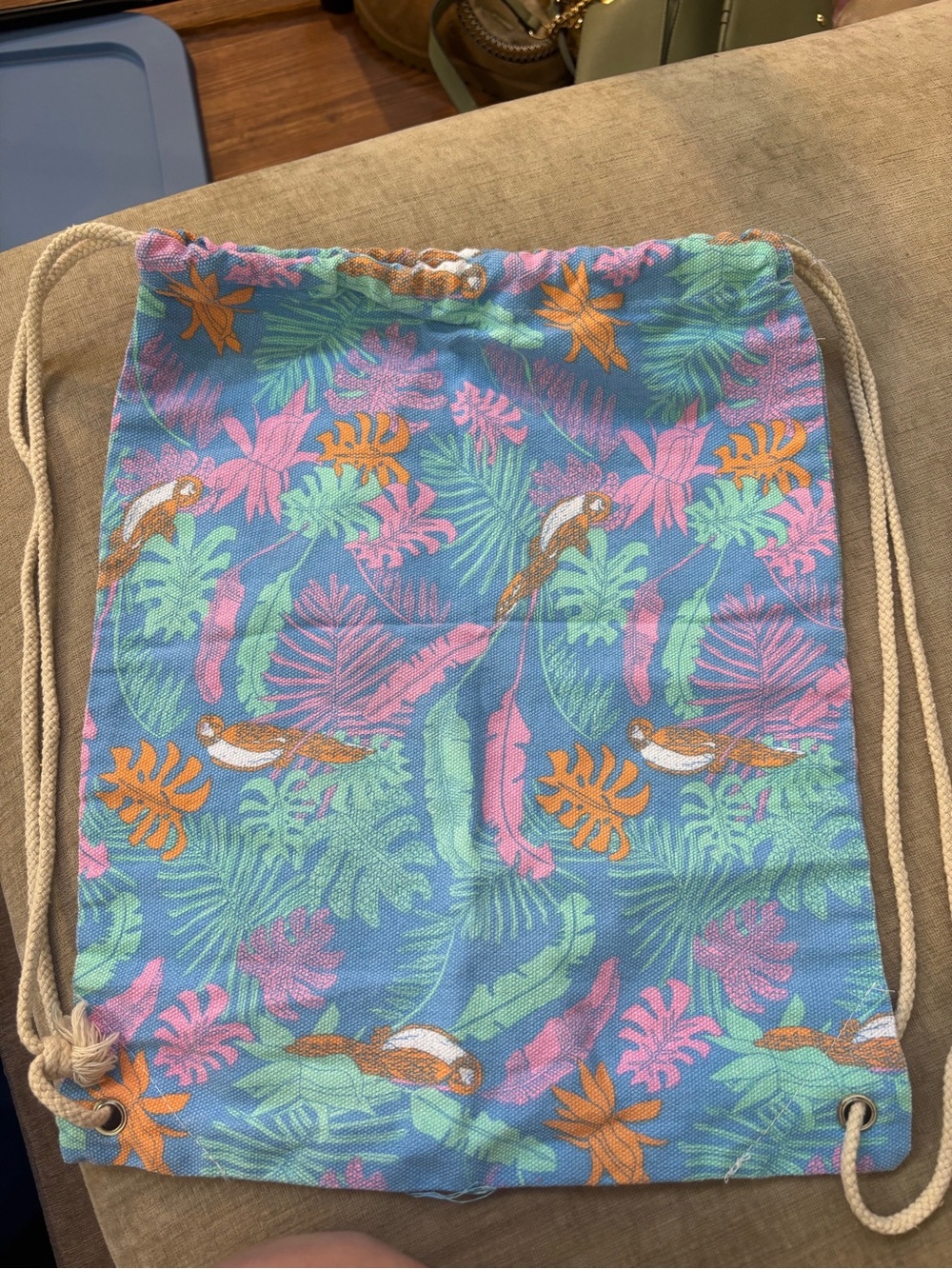 Tropical Parrot Drawstring Travel Bag - Blue Multicolor